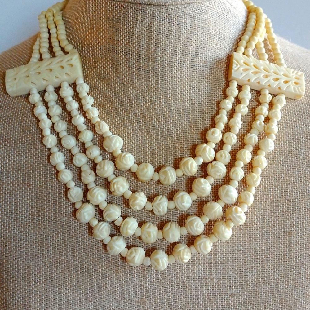HAWAIIAN WEDDING HAND CARVED FLOWERS BOVINE BONE  FOUR STRANDS NECKLACE  18"